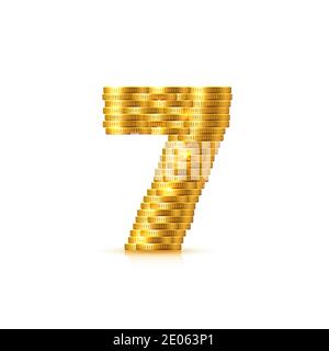 Vektor-Schriftart aus goldenen Münzen. Münznummern. Nummer 7. Sieben. Vektorgrafik Stock Vektor