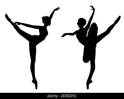 Abstrakte schwarze Schablone Silhouetten von schlanken attraktiven Ballerinas in Bewegung, Hand Zeichnung Vektor-Illustration Stock Vektor