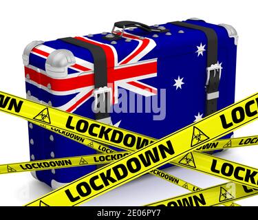 Retro Koffer mit der Flagge des Commonwealth of Australia auf einer weißen Oberfläche mit gelben Warnbändern, die LOCKDOWN sagen. 3D-Illustration Stockfoto