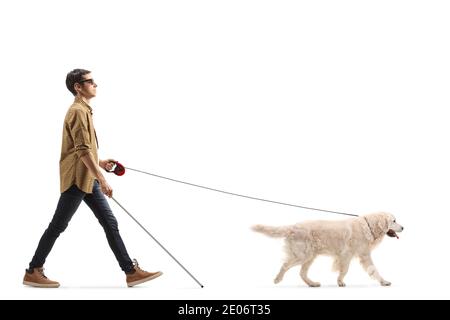 In voller Länge Profilaufnahme eines Blinden mit einem Hund auf einer Leine und ein weißer Stock isoliert auf Weißer Hintergrund Stockfoto