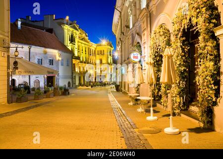 Nachtansicht der beleuchteten Ausros Vartu Straße in der Altstadt von Vilnius, Litauen. Das Royale Hotel befindet sich auf der rechten Seite. Litauische Nationale Philharmonische Gesellschaft Stockfoto