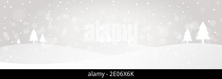 Silberne Landschaft. Weiße Schneeflocken mit Bokeh. Grußkarte breite Vorlage. Frohe Weihnachten Poster. Schneefall im Hintergrund. Winterurlaub Konzept. Vektor Stock Vektor
