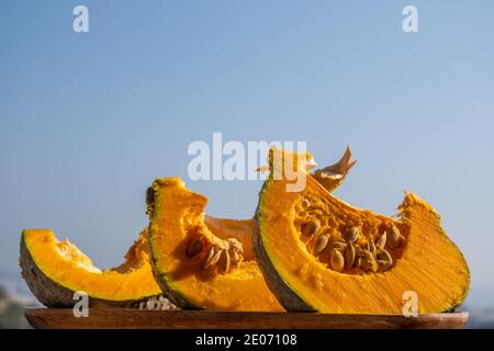 Seitenansicht von drei Scheiben eines frisch geschnittenen Kürbisses. Rohes Gemüseinnere und Samen sind sichtbar. Die Früchte stehen in einer Linie gegen den blauen Himmel. Nahrung Stockfoto