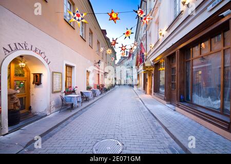 Nachtansicht der beleuchteten Stikliai Straße im jüdischen Viertel der Altstadt von Vilnius, Litauen. Stockfoto