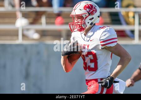 Iowa Colony, Texas, USA. Dezember 2020. Katys breiter Empfänger Fuller Shurtz (83) punktet bei einem 41-Yard-Touchdown-Empfang während des Halbfinalspiels der Texas University Interscholastic League (UIL) Region III Class 6A Division 2 zwischen den Katy Tigers und den Alvin Shadow Creek Sharks im Alvin ISD Freedom Field in Iowa Colony, Texas. Katy besiegte Alvin Shadow Creek 49-24. Prentice C. James/CSM/Alamy Live News Stockfoto