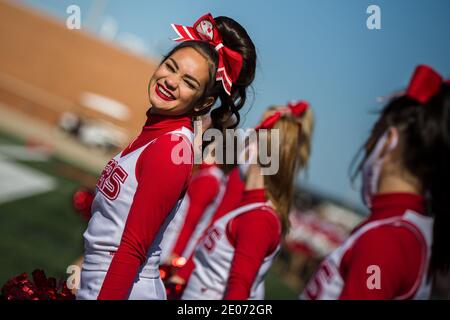 Iowa Colony, Texas, USA. Dezember 2020. Ein Cheerleader von Katy Tigers lächelt während des Halbfinalspiels der Texas University Interscholastic League (UIL) Region III Class 6A Division 2 zwischen den Katy Tigers und den Alvin Shadow Creek Sharks im Alvin ISD Freedom Field in Iowa Colony, Texas. Katy besiegte Alvin Shadow Creek 49-24. Prentice C. James/CSM/Alamy Live News Stockfoto