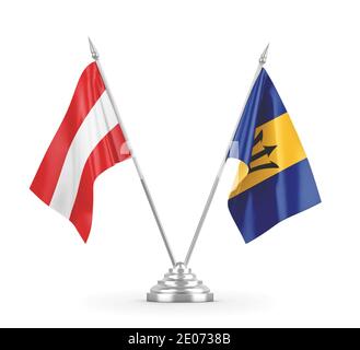 Barbados und Österreich Tischflaggen isoliert auf weißem Hintergrund 3D Rendering Stockfoto