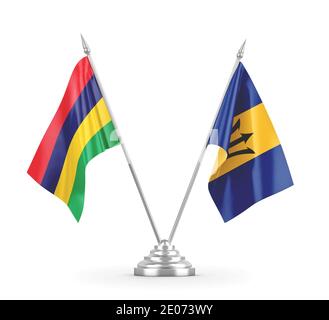 Barbados und Mauritius Tischflaggen isoliert auf weißem Hintergrund 3D Rendering Stockfoto