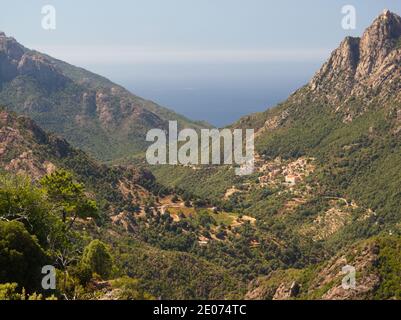 Panorama von Felsen und Wäldern aus Aiton Wald in der Berge unter dem blauen Himmel von Korsika Stockfoto