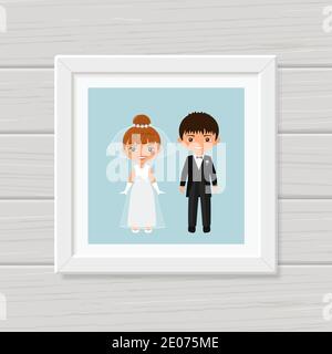 Hochzeitspaar. Niedliche chibi Zeichen Bräutigam und Braut in Brautkleider in Rahmen an der Wand. Flacher Cartoon-Stil. Vektorgrafik Stock Vektor