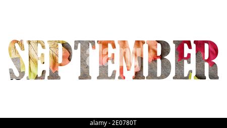 Wort September aus Herbstbild mit Ahornblättern, isoliert auf weißem Hintergrund Stockfoto