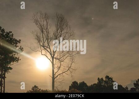 Vollmond mit Jupiter steigt vor einem Sturm. Stockfoto