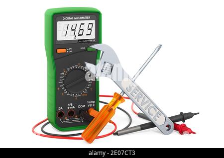 Service und Reparatur von Digital-Multimeter, 3D-Rendering isoliert auf weißem Hintergrund Stockfoto