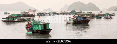 Panoramabild der traditionellen vietnamesischen Boote, die im Hafen festgemacht sind Von Cat Ba Island mit Kalkstein Karstformationen in der Hintergrund Stockfoto