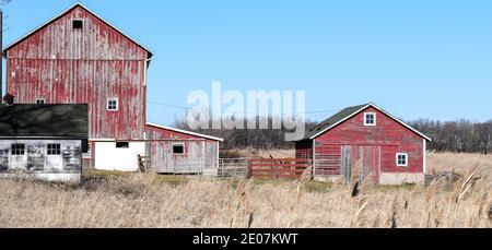 Verwitterte alte Bauernhof landwirtschaftlichen Scheune im Winter Ackerland Stockfoto