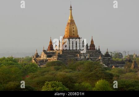 Ananda Tempel ist eines der schönsten buddhistischen Denkmäler von Bagan. Schwer beschädigt durch das Erdbeben vom 8. Juli 1975, wurde es restauriert und hat immer noch eine religiöse Funktion, Burma. Le Temple de l'Ananda ou d'Ananda est un des plus beaux Monuments boddhiques de Bagan. Tres endomage par le tremblement de terre du 8 juillet 1975, il a ete restaure et possede encore aujourd'hui une fonction religieuse, Birmanie, 2012.Foto von David Lefranc/ABACAPRESS.COM Stockfoto