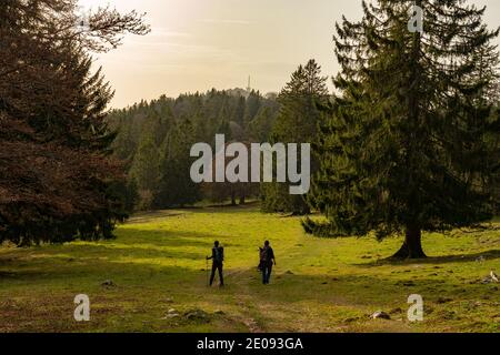 Zwei Wanderer auf dem Weg nach Chasseral, einem Gipfel im Schweizer Jura. Stockfoto