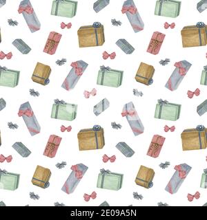 Geschenkboxen nahtlose Muster in verschiedenen Größen mit bunten Schleifen und Bändern Aquarell Illustration für Party-Accessoires, Hochzeit, Geburtstag, annive Stockfoto