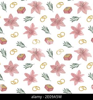 Ehering, Lilie Blume, Blätter Zweig nahtlose Muster elegante romantische Vintage-Elemente für st valentinstag Urlaub, Hochzeit, Textil, Geschenkpapier, bi Stockfoto