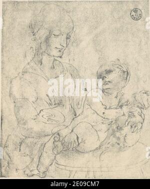 Leonardo da Vinci, Madonna col Bambino che carezza un gattino (Gallerie degli Uffizien) (beschnitten). Stockfoto