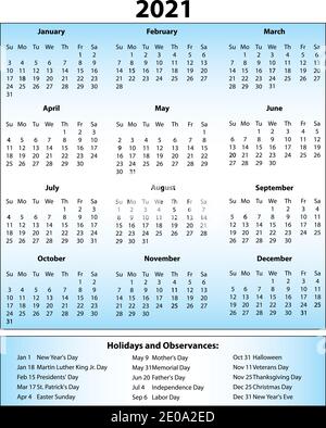 2021 Jahreskalender eine Seite mit Feiertagen Stockfoto