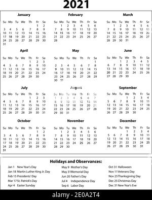 2021 Jahreskalender eine Seite mit Feiertagen Stockfoto