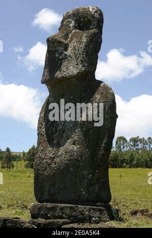 AHU Akivi Standort, nördlich von Hanga Roa gelegen, ist die Ahu Akivi die einzige Plattform, die MAOI Statuen sind mit Blick auf den Pazifik. Nach der Tradition repräsentieren sie die sieben Abgesandten in Anerkennung Hotu Matu'a, der der erste König der Insel wurde. So verschwand die Moai, gegenüber den Marquesas und der Insel Hiva oder sind aus dem Volk Rapa Nui, Osterinsel, Chile, 19. Juli 2007 entstanden.Site d'Ahu Akivi, situe au nord d'Hanga Roa, l'Ahu Akivi est la seule plate forme dont les Statues MAOI sont tournees vers le Pacifique. Selon la Tradition, elles representent les sep Stockfoto