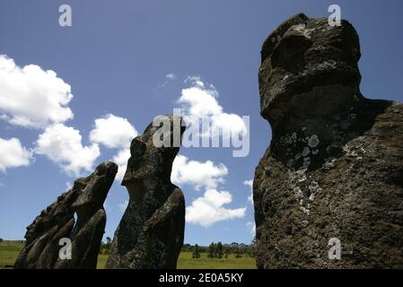 AHU Akivi Standort, nördlich von Hanga Roa gelegen, ist die Ahu Akivi die einzige Plattform, die MAOI Statuen sind mit Blick auf den Pazifik. Nach der Tradition repräsentieren sie die sieben Abgesandten in Anerkennung Hotu Matu'a, der der erste König der Insel wurde. So verschwand die Moai, gegenüber den Marquesas und der Insel Hiva oder sind aus dem Volk Rapa Nui, Osterinsel, Chile, 19. Juli 2007 entstanden.Site d'Ahu Akivi, situe au nord d'Hanga Roa, l'Ahu Akivi est la seule plate forme dont les Statues MAOI sont tournees vers le Pacifique. Selon la Tradition, elles representent les sep Stockfoto