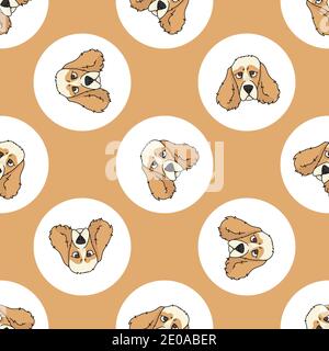Hand gezeichnet niedlichen Cocker Spaniel Hund Gesicht Rasse in Polka Punkt nahtlose Vektor-Muster. Purebread Stammbaum Welpen inländischen auf dotty Hintergrund. Hundeliebhaber Stock Vektor