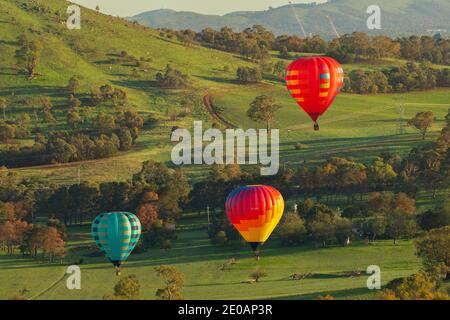 CANBERRA, 10. MÄRZ 2020. Heißluftballons auf der Suche nach einigen, wo man während des jährlichen Ballonfestivals landen kann. Redaktionelle Verwendung. Stockfoto