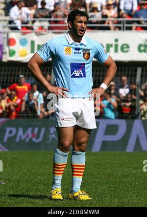 USA Perpignans Maxime Mermoz beim Rugby-Spiel der französischen Top 14, USAP gegen Bayonne im Aime Giral-Stadion in Perpignan, Südfrankreich am 31. März 2012. Foto von Michel Clementz/ABACAPRESS.COM Stockfoto