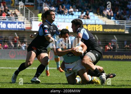 USA Perpignans Maxime Mermoz beim Rugby-Spiel der französischen Top 14, USAP gegen Bayonne im Aime Giral-Stadion in Perpignan, Südfrankreich am 31. März 2012. Foto von Michel Clementz/ABACAPRESS.COM Stockfoto