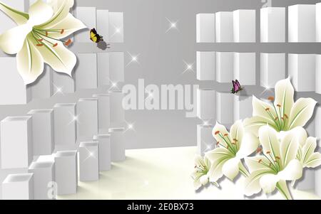 3d-Illustration, grauer Hintergrund mit Stufen, helle Lilien Stockfoto