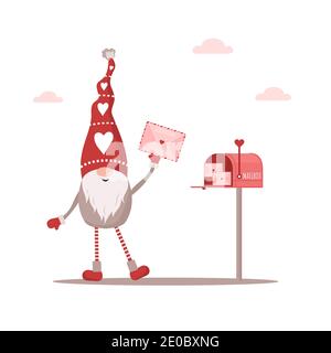 Valentine Elf in roten Hut mit Umschlag. Mail mit Liebe Nachricht. Schöner skandinavischer Zwerg. Alles Gute Zum Valentinstag. Cute Design-Konzept für 14 februar Stock Vektor