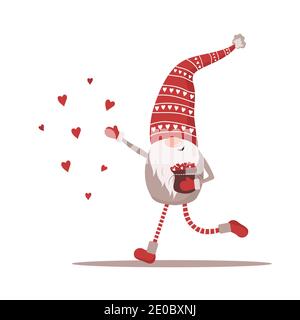 Valentine Elf in roten Hut mit Herzen. Schöner skandinavischer Zwerg. Alles Gute Zum Valentinstag. Ich liebe dich. Cute Design-Konzept für 14 februar. Vektor Stock Vektor