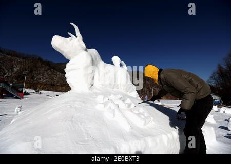 China. Dezember 2020. Henan, CHINA-Mitarbeiter des Skigebiets Funiu Mountain in Luanchuan, Provinz Henan, verbringen zwei Tage, um am 30. Dezember 2020 100 Schneekühe in verschiedenen Formen im Schnee zu bauen, um das Kommen des Jahres 2021 zu begrüßen.Sie hoffen, all das Unglück im Jahr 2020 mit weißem Schnee zu schmelzen und die 2020 zu verlassen, Das neue Jahr ist gekommen, ich glaube, dass alle guten Dinge irgendwann kommen werden.Sie nutzen diese besondere Art, um Segen für das kommende Jahr des Ochsen zu senden, in der Hoffnung, dass alle im neuen Jahr gesegnet werden. Quelle: SIPA Asia/ZUMA Wire/Alamy Live News Stockfoto