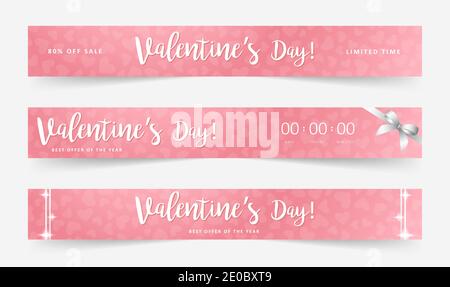 Poster zum Valentinstag. Werbebanner für Rabatt-Events. Rosa Hintergrund mit weißem Schriftzug. Stock Vektor