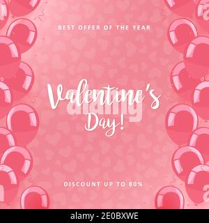 Poster zum Valentinstag. Werbebanner für Rabatt-Events. Rosa Hintergrund mit Luftballons und weißen Schriftzügen Stock Vektor