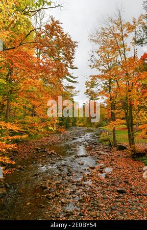 Blick von der Brookdale Covered Bridge in Stowe, Vermont während Herbstlaub über dem West Branch Little River. Stockfoto