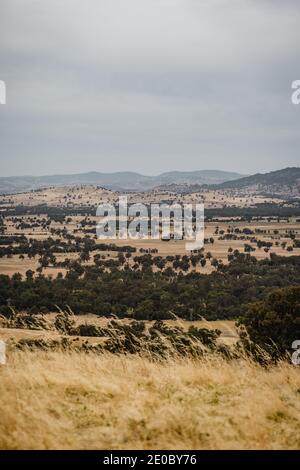 Landschaftlich schöner Blick über Wodonga, VIC vom Huon Hill Lookout aus gesehen. Stockfoto