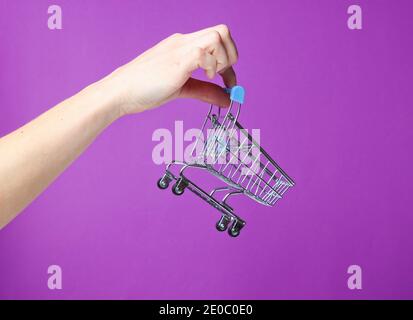 Weibliche Hand hält einen Mini-Einkaufswagen auf einem violetten Hintergrund. Einkaufskonzept Stockfoto