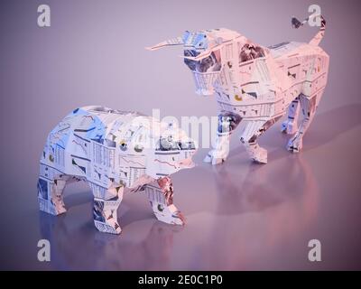 Finanzzahlen und Charts zu niedrigen Poly Bullen und Bären. 3D-Illustration. Stockfoto