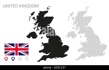 UK Karte gepunktet und Silhouette auf weißem Hintergrund Vektor isoliert, mit Union Jack Flagge und Stift. Isoliert auf weißem Hintergrund. Reisevektor illustrati Stock Vektor