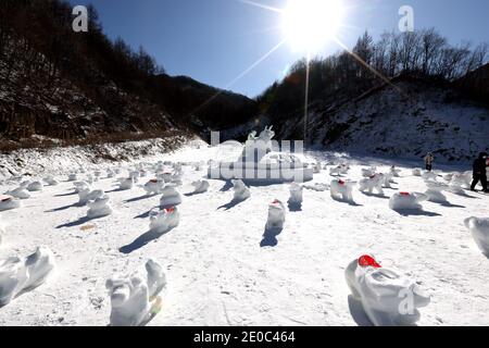 Luoyang, China. Dezember 2020. Die Arbeiter schnitzen 100 Oxes, um das Jahr des Ochsen im Bergskigebiet Funiu in Luoyang, Henan, China, am 31. Dezember 2020 zu begrüßen.(Foto: TPG/cnsphotos) Quelle: TopPhoto/Alamy Live News Stockfoto