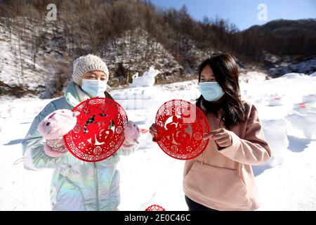 Luoyang, China. Dezember 2020. Die Arbeiter schnitzen 100 Oxes, um das Jahr des Ochsen im Bergskigebiet Funiu in Luoyang, Henan, China, am 31. Dezember 2020 zu begrüßen.(Foto: TPG/cnsphotos) Quelle: TopPhoto/Alamy Live News Stockfoto