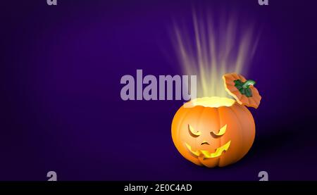 Hut ab Kürbis mit Strahlen innen und ein wütendes Gesicht. Halloween. Violetter Hintergrund. Platz für Text kopieren. 3d-Rendering Stockfoto