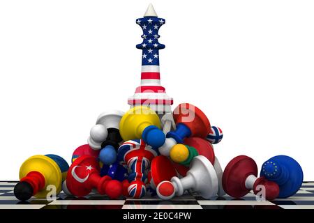 Die Dominanz der USA in der Geopolitik. Chess figure - König in den Farben der US-Flagge auf einem Stapel gefallener Bauern in den Farben der Fahnen... Stockfoto