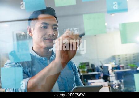Geschäftsleute im Büro des Schreibens auf der Post-it-Notizen Stockfoto
