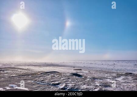 Über windgepeitschte Tundra bei Temperaturen unter dem Gefrierpunkt in Churchill, Manitoba, Kanada, das atmosphärische Phänomen, das als Sonnenhund oder Parhelion bekannt ist. Stockfoto
