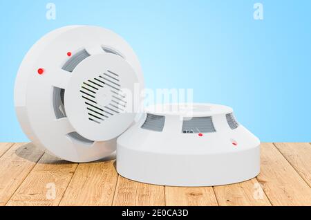 Feuer- und Flammenmelder auf den Holzbohlen, 3D-Rendering Stockfoto